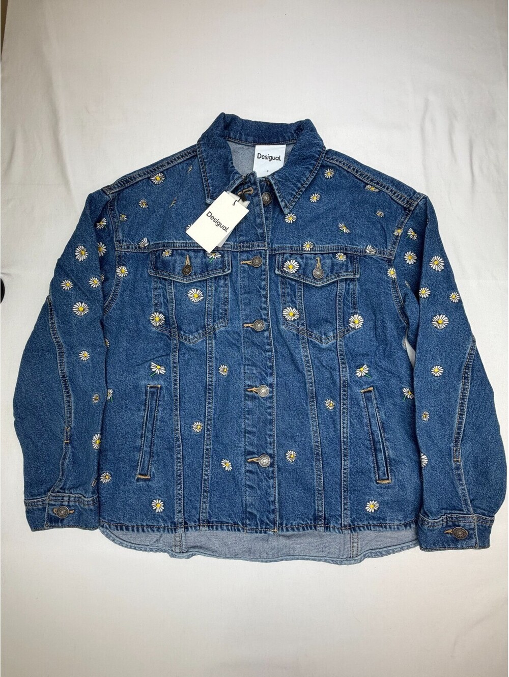 Desigual Women's Jacket Denim Floral Collared Embroidered Pocket Size S Blue NWT